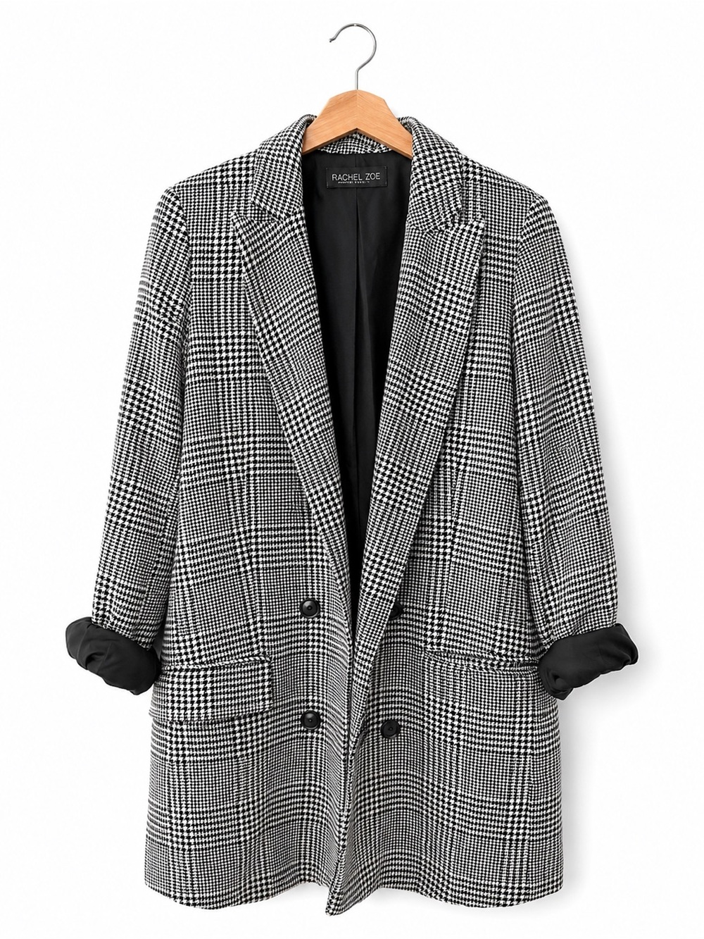 Rachel Zoe Black White Houndstooth Plaid Double Breasted Blazer Size Small